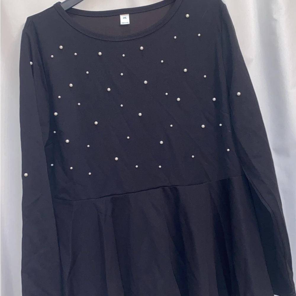 Elegant Black Long Sleeve Top with Pearl Accents